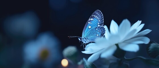 Pretty blue wing butterfly in outdoor garden sitting on flowers, peaceful serene late evening dusk with colorful bokeh blur light circles in background, panoramic macro closeup.