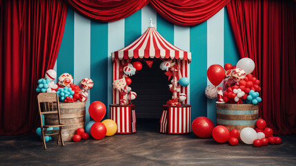 Decorative Carnival Photo Booth with Striped Canopy, Popcorn Box and Ticket Carnival - obrazy, fototapety, plakaty