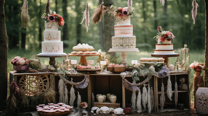 Set of Rustic Cake in a Dessert Table with Sweet Cupcake and Macaroms Decorated with Natural Elements