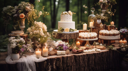 Boho Dessert Table, Set of Rustic Cakes with Cupcakes and Macarons, Decorated with Fresh Flowers