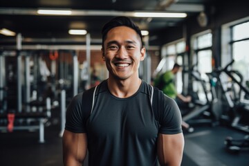Smiling portrait of a young male asian fitness instructor working in an indoor gym