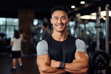 Smiling portrait of a young male asian fitness instructor working in an indoor gym - obrazy, fototapety, plakaty