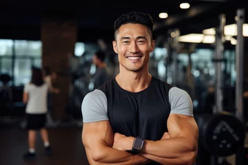 Fotobehang Smiling portrait of a young male asian fitness instructor working in an indoor gym © Baba Images