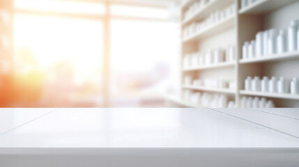 An empty white table on a blurry pharmacy background - obrazy, fototapety, plakaty