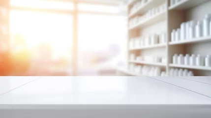 Rolgordijnen An empty white table on a blurry pharmacy background © red_orange_stock