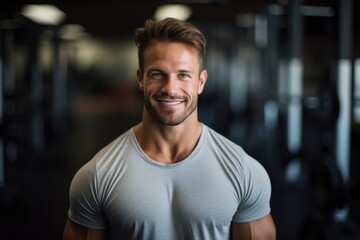 Obraz premium Smiling portrait of a young male caucasian fitness trainer in an indoor gym