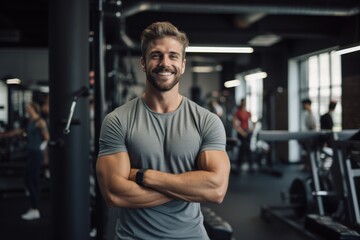Fototapeta na wymiar Smiling portrait of a young male caucasian fitness trainer in an indoor gym
