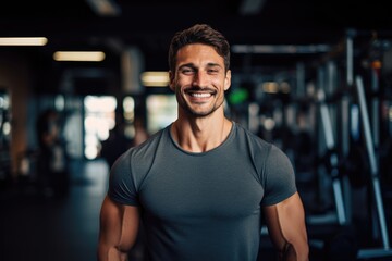 Obraz premium Smiling portrait of a young male caucasian fitness trainer in an indoor gym