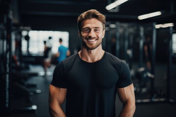 Smiling portrait of a young male caucasian fitness trainer in an indoor gym