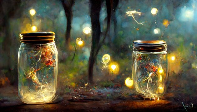 jar filled with string of white led lights outside firefly looks into jar whimsical feeling fantasy magical photorealism hyper detailed 