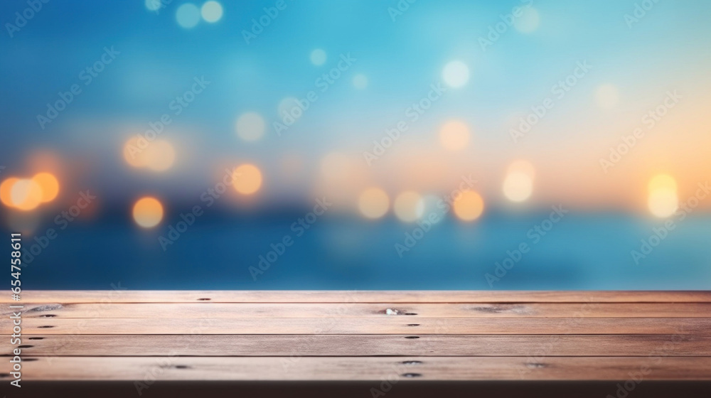 Poster empty wood plank table top with blur blue ocean and bokeh light. mock up for display or montage of p