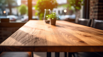 Empty wooden table of a summer cafe on a background - obrazy, fototapety, plakaty
