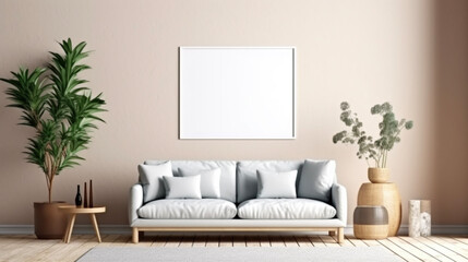Frame mockup in living room interior background, Coastal boho style