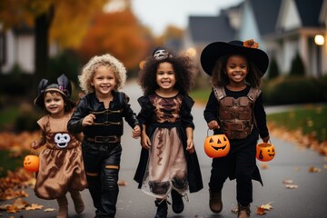 Diverse group of children and kids in halloween costumes trick or treating in the suburbs in a neighborhood