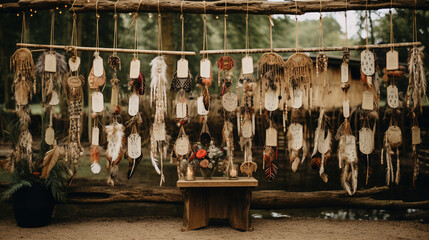 Fototapeta na wymiar Display of Hanging Fur Craft for Dreamcatcher and Dried Flower Souvenir Sale