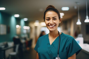 Smiling portrait of a happy female caucasian nurse working in an office - obrazy, fototapety, plakaty