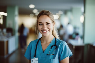 Smiling portrait of a happy female caucasian nurse working in an office