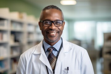 Obraz premium Smiling portrait of a middle aged male african american doctor working in a hospital