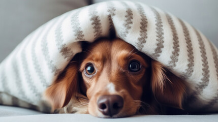 Cute dog basking under a warm blanket.