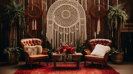 Bohemian Wedding Rroom with Macrame Backdrop and Dreamcatcher Eclectic with Earthy Colors