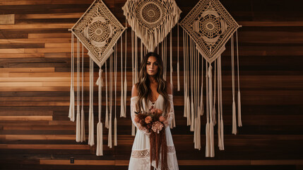 Bohemian Wedding Rroom with Macrame Backdrop and Dreamcatcher Eclectic with Earthy Colors
