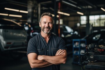 Obraz premium Smiling portrait of a middle aged caucasian car mechanic working in a mechanic shop