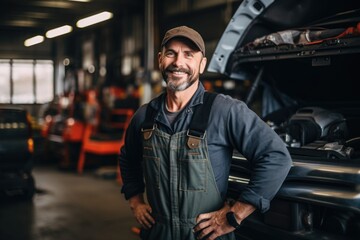 Fototapeta na wymiar Smiling portrait of a middle aged caucasian car mechanic working in a mechanic shop
