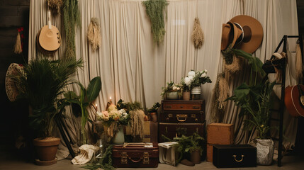 Bohemian Photo Booth Area with Hats, Scarves, Polaroid Camera-Standard Vintage Style Background