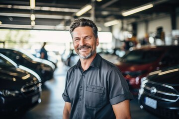 Smiling portrait of a middle aged caucasian car mechanic working in a mechanic shop - obrazy, fototapety, plakaty