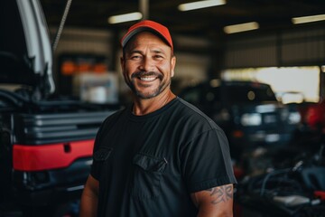 Smiling portrait of a middle aged caucasian car mechanic working in a mechanic shop