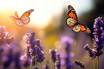 Foto op Plexiglas Summer beauty lavender flower field plant violet purple nature butterfly © VICHIZH