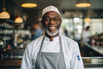 Obraz premium Smiling portrait of a middle aged african american chef working in a restaurant kitchen