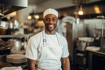 Smiling portrait of a middle aged african american chef working in a restaurant kitchen