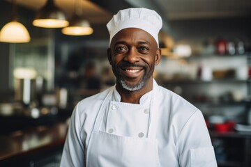 Smiling portrait of a middle aged african american chef working in a restaurant kitchen