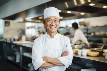 Smiling portrait of an asian chef working in a restaurant kitchen - obrazy, fototapety, plakaty