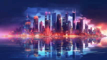 Night city, neon lights of the metropolis. Reflection of neon lights in the water