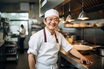 Smiling portrait of an asian chef working in a restaurant kitchen