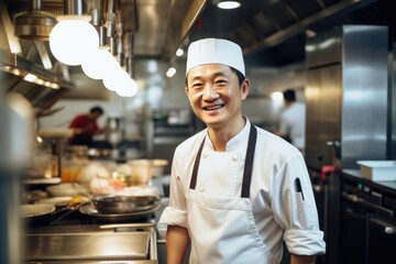 Smiling portrait of an asian chef working in a restaurant kitchen