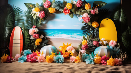 Beach Themed Photo Booth With Backdrop Of Sand, Surfboards, Beach Balls, Tropical Props-Standard