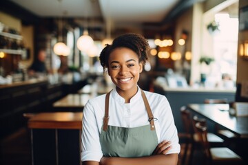 Fototapeta premium Smiling portrait of an african american waitress working in a cafe or bar