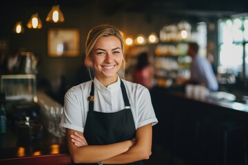 Obraz premium Smiling portrait of a happy female caucasian bartender working in a cafe or bar