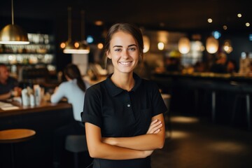 Fototapeta premium Smiling portrait of a happy female caucasian bartender working in a cafe or bar