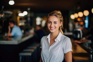 Smiling portrait of a happy female caucasian bartender working in a cafe or bar