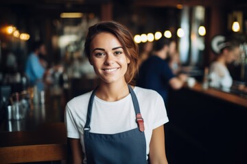 Obraz premium Smiling portrait of a happy young female caucasian waitress working in a cafe or bar