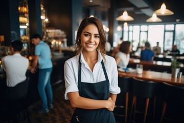 Smiling portrait of a happy young female caucasian waitress working in a cafe or bar