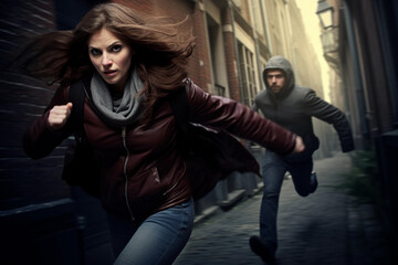 Escape from Danger: Young Woman Fleeing Hooded Pursuer on the Street. Generative ai