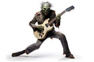 Fototapeta premium Scary zombie playing electric guitar isolated on white background. Halloween concept. Ai generative 