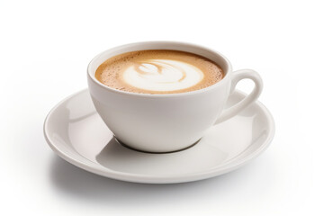 Tasty cup of foamed and decorated coffee on white background