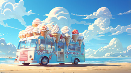 A ice cream truck is parked on the beach