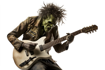 Scary zombie playing electric guitar isolated on white background. Halloween concept. Ai generative 